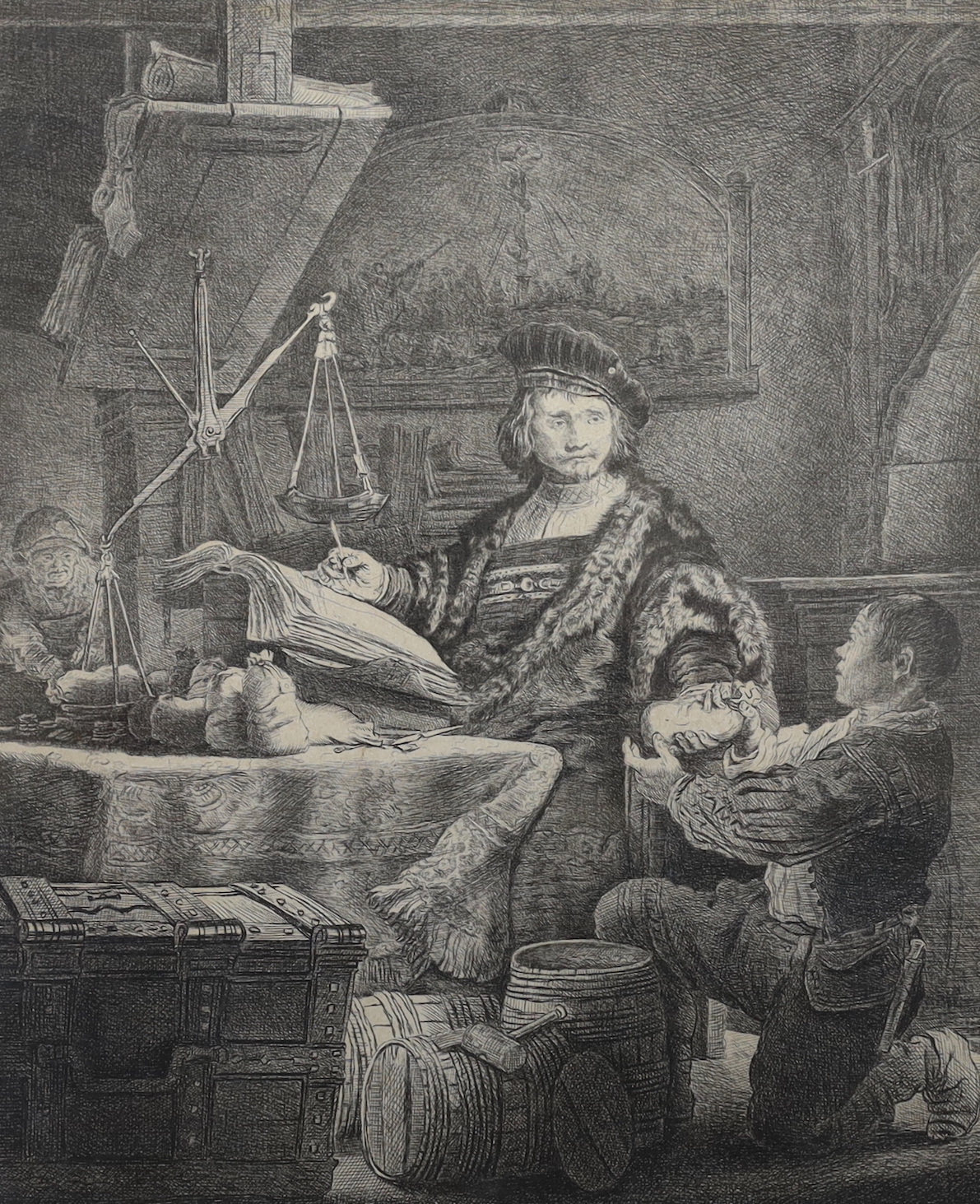 After Rembrandt van Rijn (1606–1669), etching, The Gold Weigher, signed in plate, 24 x 19cm